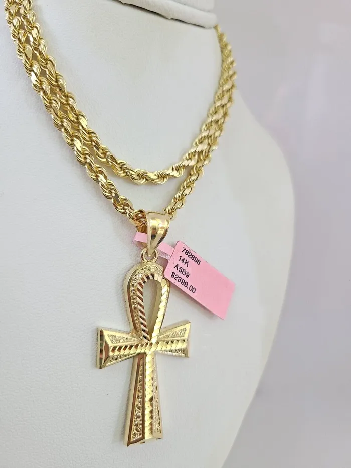 Gold and Diamond Necklaces Real 14k Solid Rope Chain Ankh Cross Charm Gold Set 4mm 1830 Necklace Pendant