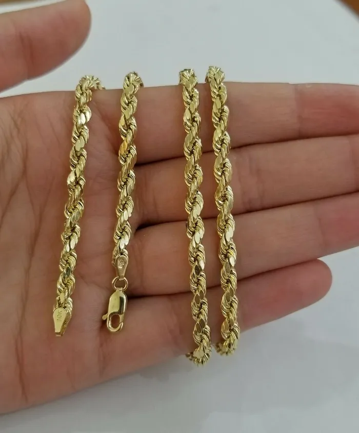 Gold and Diamond Necklaces SOLID Real 10K Gold Rope Chain 4mm 26 Necklace Diamond Cut Men Women