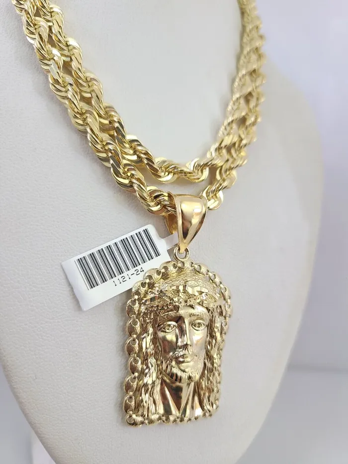 Gold and Diamond Real 10k Solid Rope Chain Jesus Head Charm Set 6mm 2030 Inch Necklace Gold Necklaces Gold and Diamond Real 10k Solid Rope Chain Jesus Head Charm Set 6mm 2030 Inch Necklace Gold Necklaces