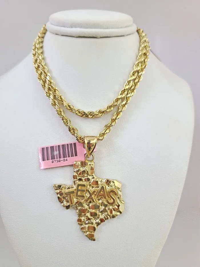 Gold and Diamond Real 14k Solid Rope Chain Texas Map Charm Gold Set 4mm 1830 Necklace Pendant Necklaces Gold and Diamond Real 14k Solid Rope Chain Texas Map Charm Gold Set 4mm 1830 Necklace Pendant Necklaces
