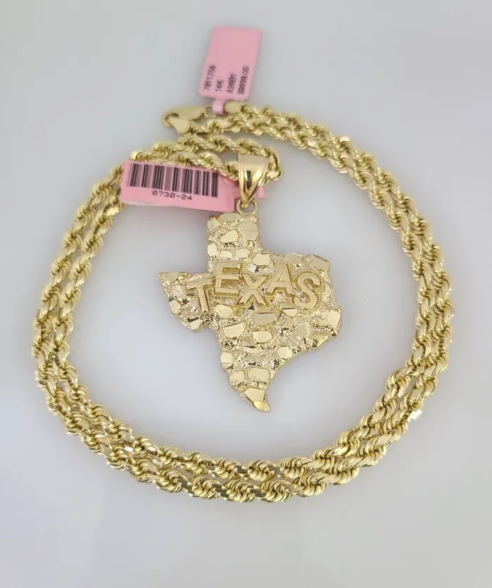 Gold and Diamond Real 14k Solid Rope Chain Texas Map Charm Gold Set 4mm 1830 Necklace Pendant Necklaces