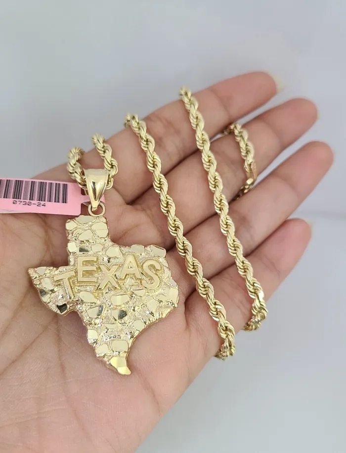 Gold and Diamond Real 14k Solid Rope Chain Texas Map Charm Gold Set 4mm 1830 Necklace Pendant Necklaces
