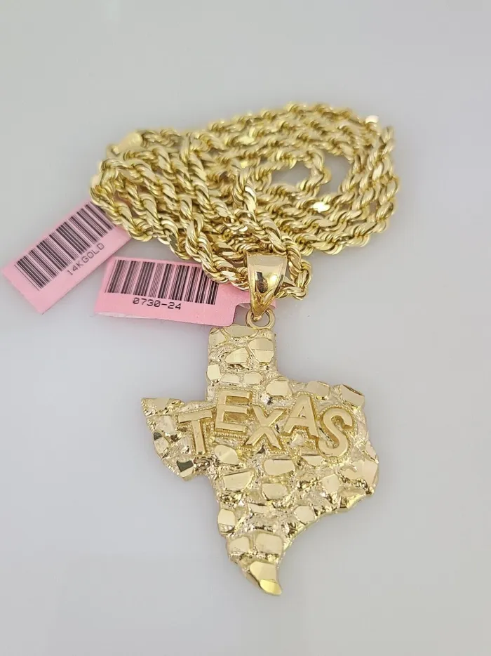 Gold and Diamond Real 14k Solid Rope Chain Texas Map Charm Gold Set 4mm 1830 Necklace Pendant Necklaces