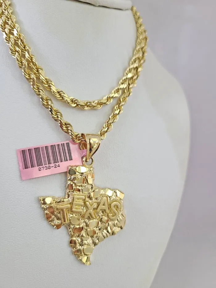 Gold and Diamond Real 14k Solid Rope Chain Texas Map Charm Gold Set 4mm 1830 Necklace Pendant Necklaces