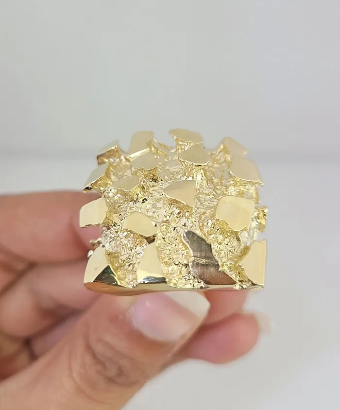 Gold and Diamond Rings Real 10k Nugget Ring Yellow Gold Men Casual Square Ring 10kt