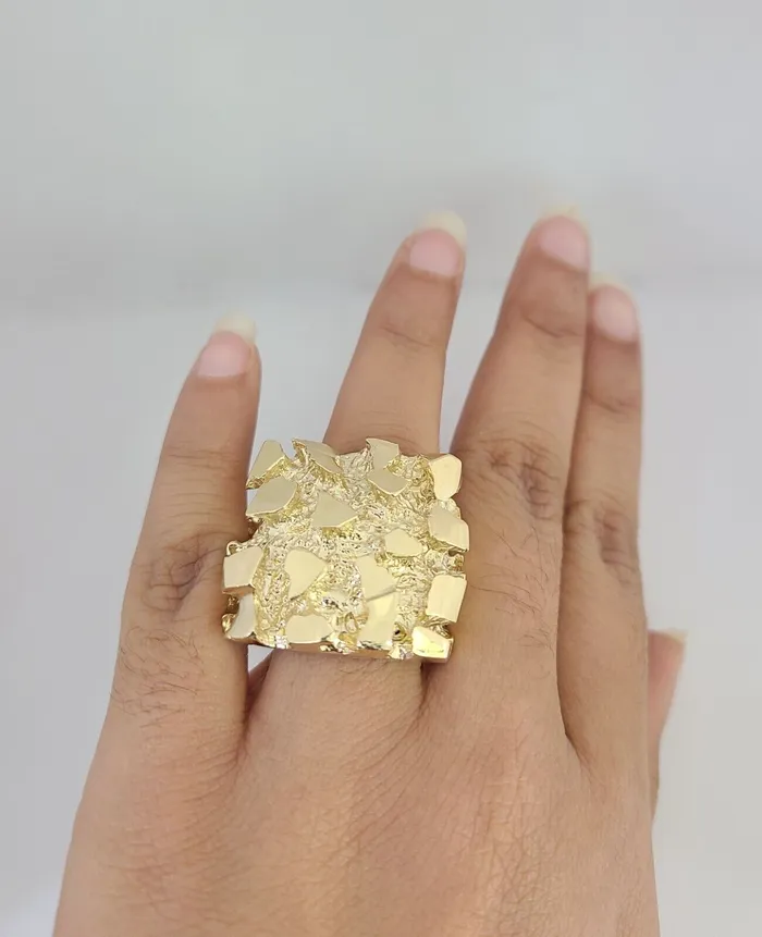 Gold and Diamond Rings Real 10k Nugget Ring Yellow Gold Men Casual Square Ring 10kt