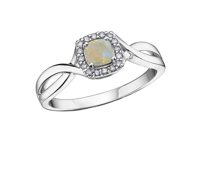 Independent Jewellers Rings 10kt White Gold Square Diamond Halo Opal Ring