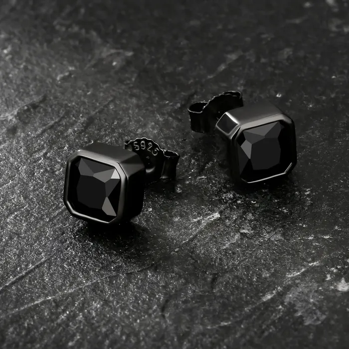 KRKC Earrings 925 Sterling Silver Black Square Stud Earrings