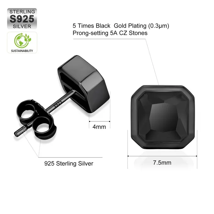 KRKC Earrings 925 Sterling Silver Black Square Stud Earrings