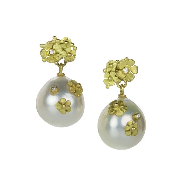 Lene Vibe Earrings White Freshwater Pearl Floral Posted Drop Earrings