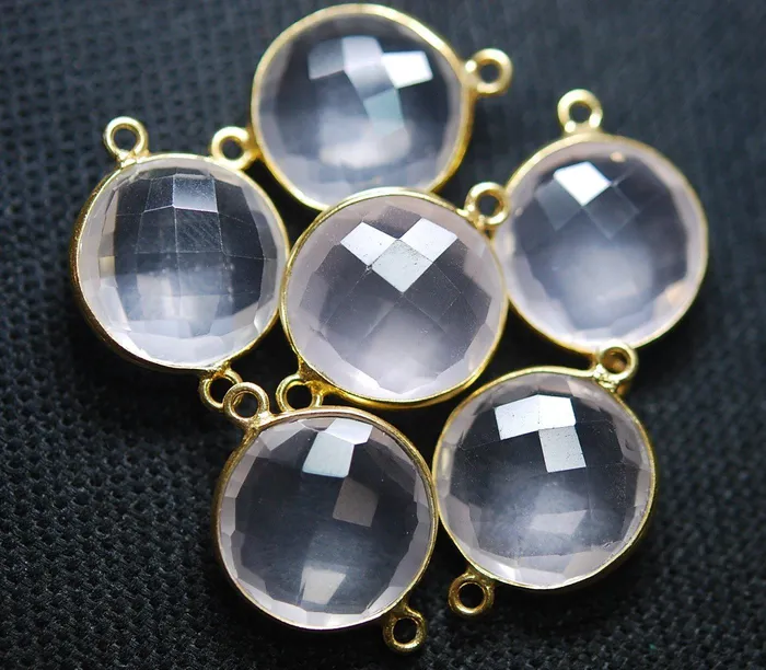 Necklaces 925 Silver Vermeil Rose Quartz Faceted Pendant Connector 24K Gold Plated 6 Piece Of 23mm Beads Supplies USA