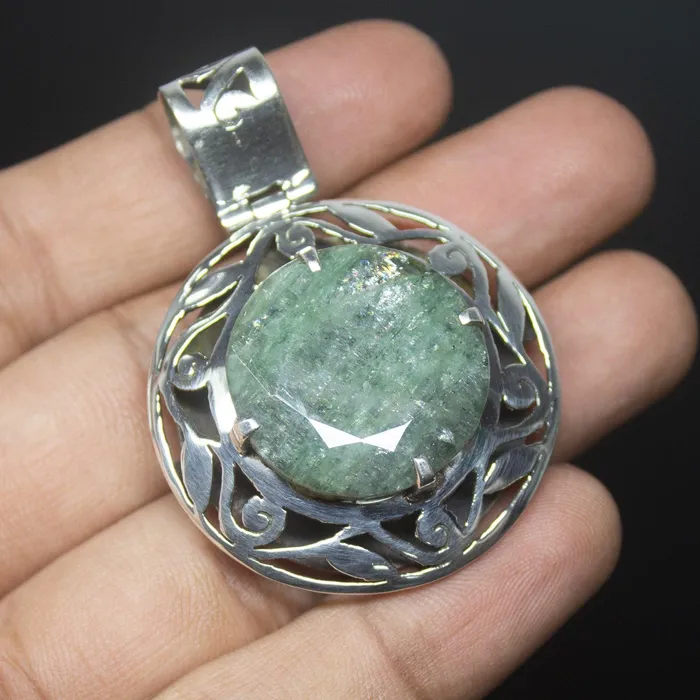 Necklaces Beads Supplies USA 15g Totally Handmade Natural Green Emerald Round Shape 925 Sterling Silver Pendant