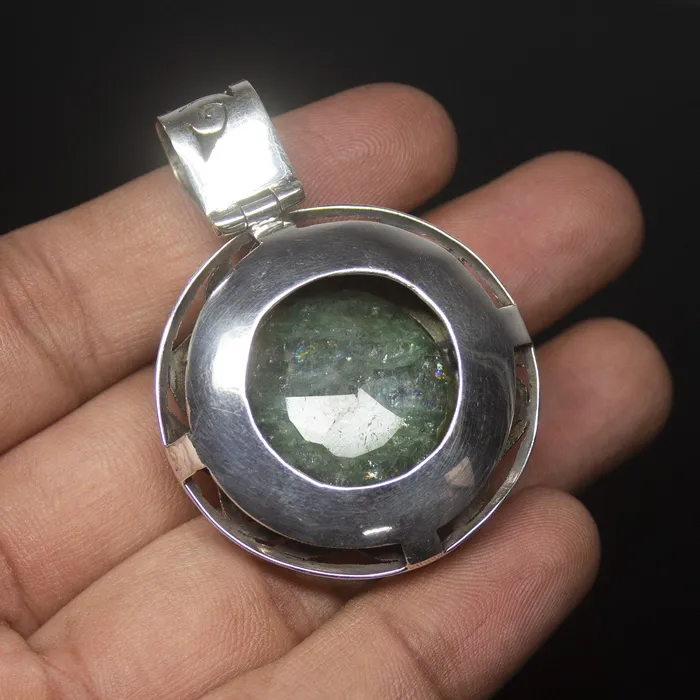 Necklaces Beads Supplies USA 15g Totally Handmade Natural Green Emerald Round Shape 925 Sterling Silver Pendant