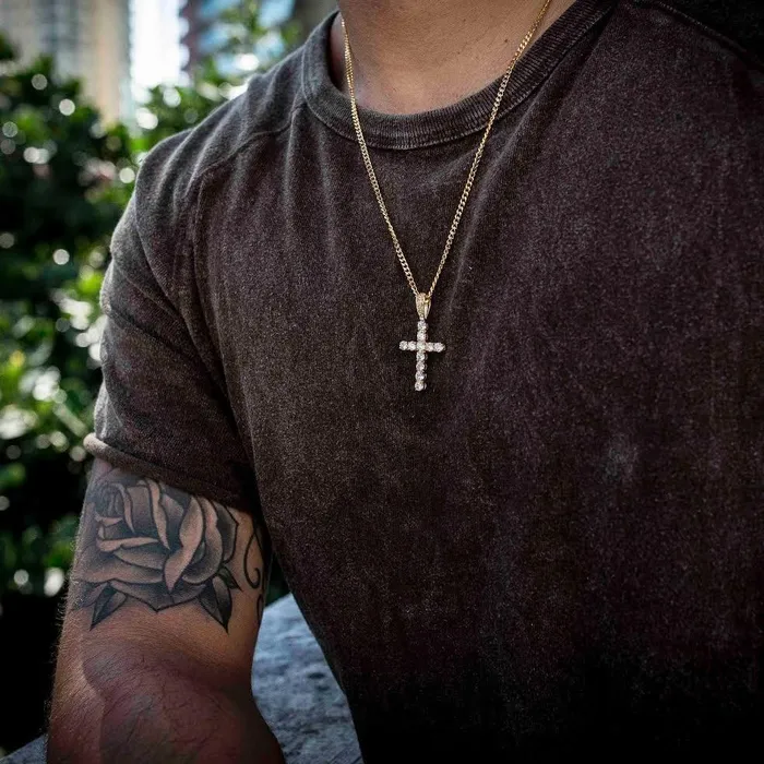 Necklaces Bling Proud Iced Out Cross Pendant 14K Gold Plated