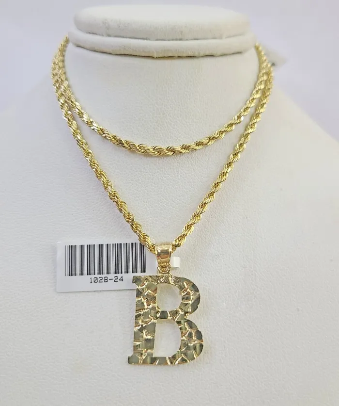 Necklaces Gold and Diamond 10k Gold Initial B Charm Rope Chain 1626 25mm SET Necklace Alphabet Pendant Necklaces Gold and Diamond 10k Gold Initial B Charm Rope Chain 1626 25mm SET Necklace Alphabet Pendant