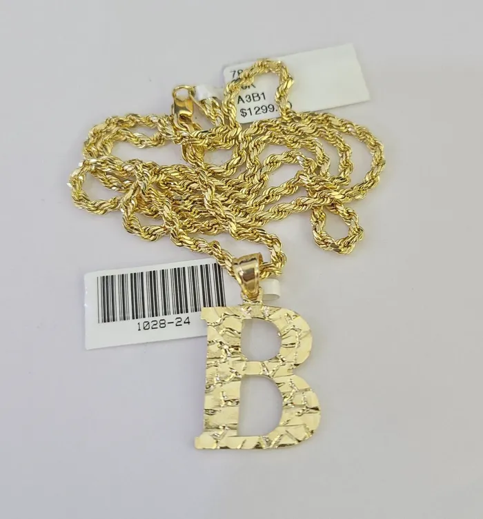Necklaces Gold and Diamond 10k Gold Initial B Charm Rope Chain 1626 25mm SET Necklace Alphabet Pendant