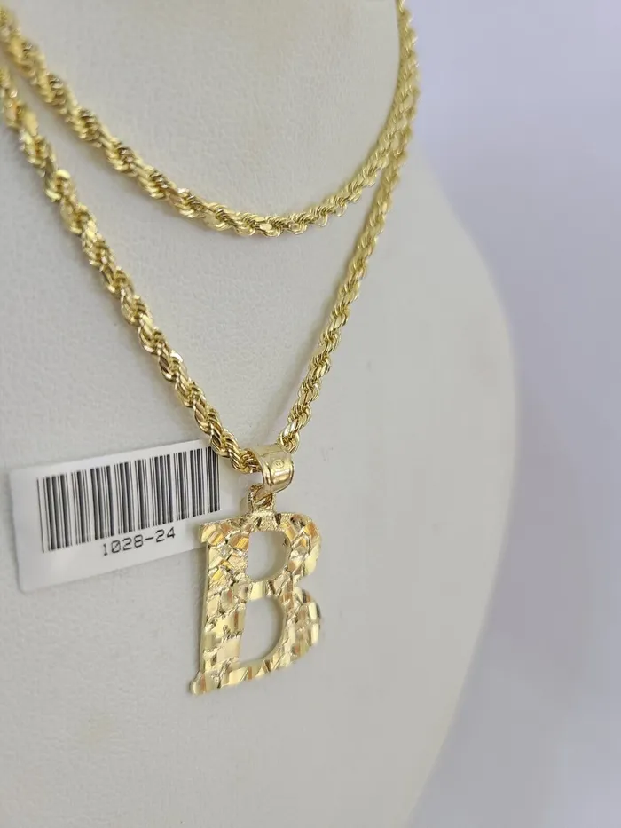 Necklaces Gold and Diamond 10k Gold Initial B Charm Rope Chain 1626 25mm SET Necklace Alphabet Pendant