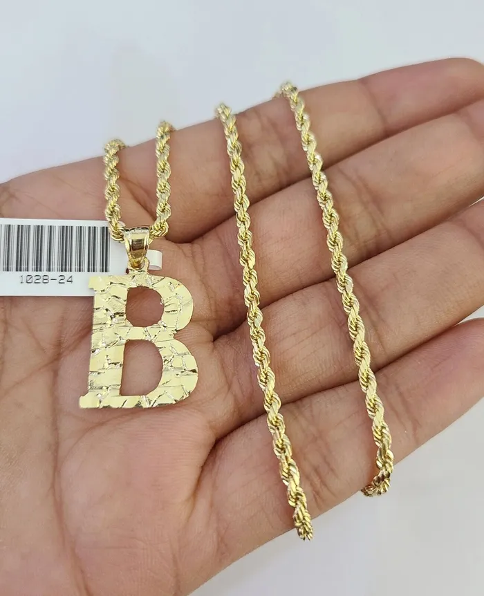 Necklaces Gold and Diamond 10k Gold Initial B Charm Rope Chain 1626 25mm SET Necklace Alphabet Pendant