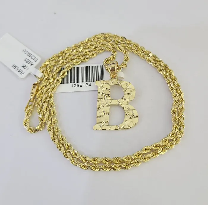 Necklaces Gold and Diamond 10k Gold Initial B Charm Rope Chain 1626 25mm SET Necklace Alphabet Pendant