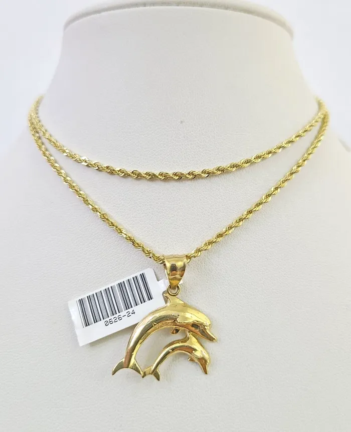 Necklaces Gold and Diamond 10k Solid Rope Chain 2mm Dolphin Pendant Charm Necklace SET 1822 Ladies Yellow Necklaces Gold and Diamond 10k Solid Rope Chain 2mm Dolphin Pendant Charm Necklace SET 1822 Ladies Yellow