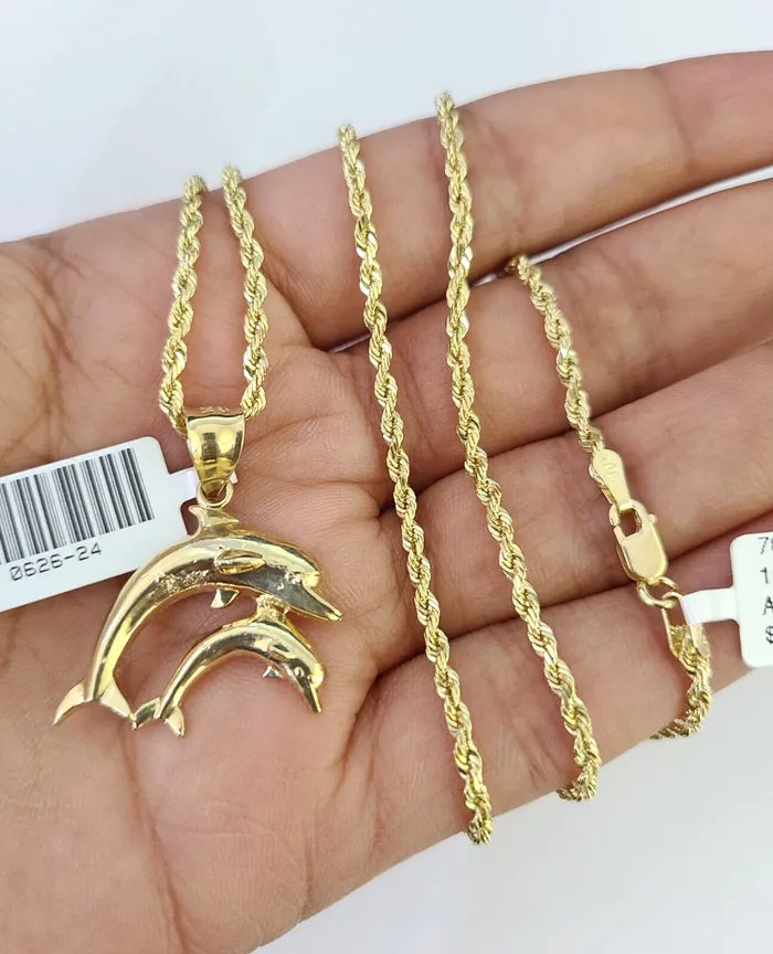 Necklaces Gold and Diamond 10k Solid Rope Chain 2mm Dolphin Pendant Charm Necklace SET 1822 Ladies Yellow