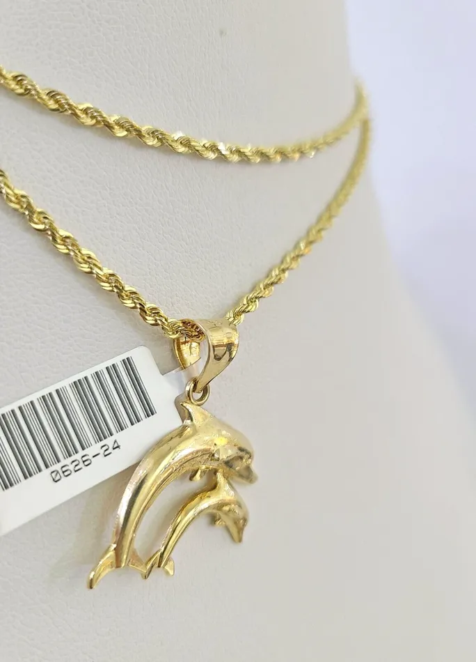 Necklaces Gold and Diamond 10k Solid Rope Chain 2mm Dolphin Pendant Charm Necklace SET 1822 Ladies Yellow
