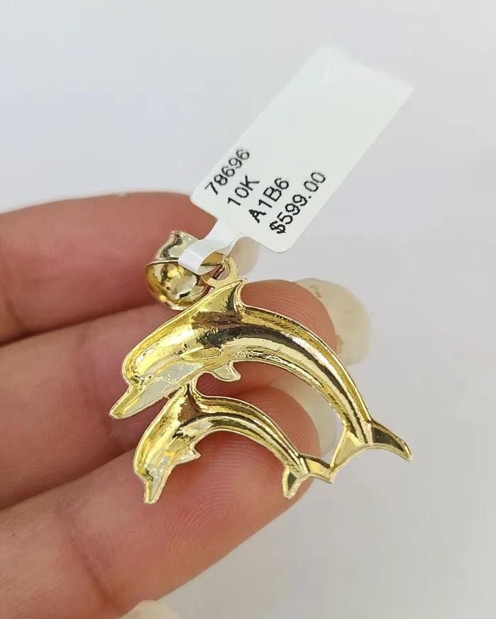 Necklaces Gold and Diamond 10k Solid Rope Chain 2mm Dolphin Pendant Charm Necklace SET 1822 Ladies Yellow