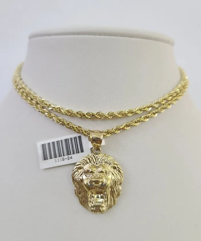 Necklaces Gold and Diamond 10k Solid Rope Chain 3mm Lion Head Pendant Charm Necklace SET 1826 in Necklaces Gold and Diamond 10k Solid Rope Chain 3mm Lion Head Pendant Charm Necklace SET 1826 in