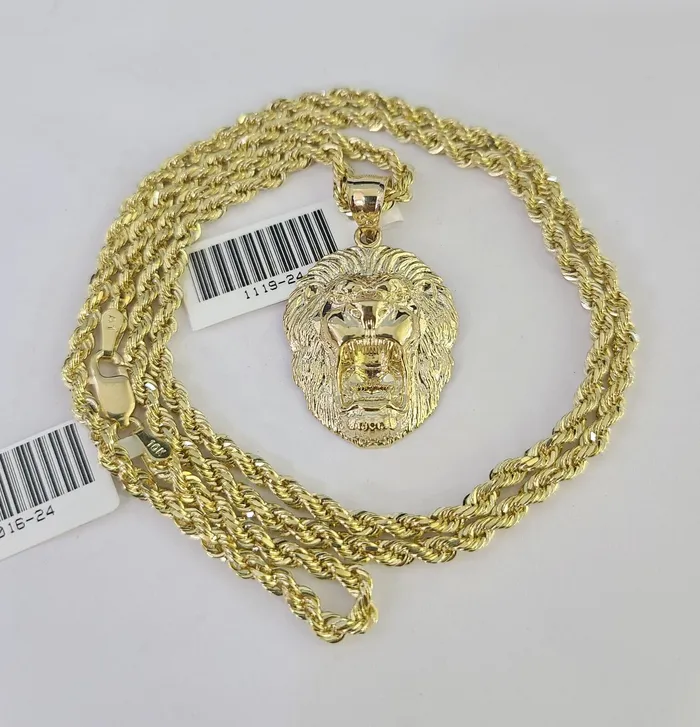 Necklaces Gold and Diamond 10k Solid Rope Chain 3mm Lion Head Pendant Charm Necklace SET 1826 in