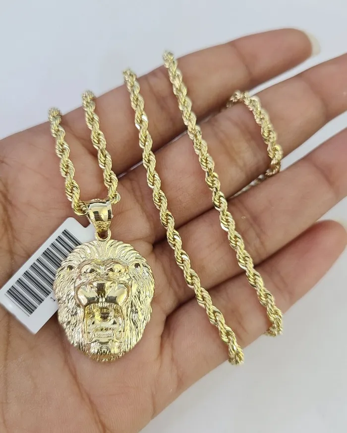Necklaces Gold and Diamond 10k Solid Rope Chain 3mm Lion Head Pendant Charm Necklace SET 1826 in