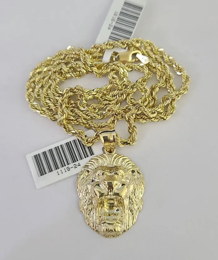 Necklaces Gold and Diamond 10k Solid Rope Chain 3mm Lion Head Pendant Charm Necklace SET 1826 in