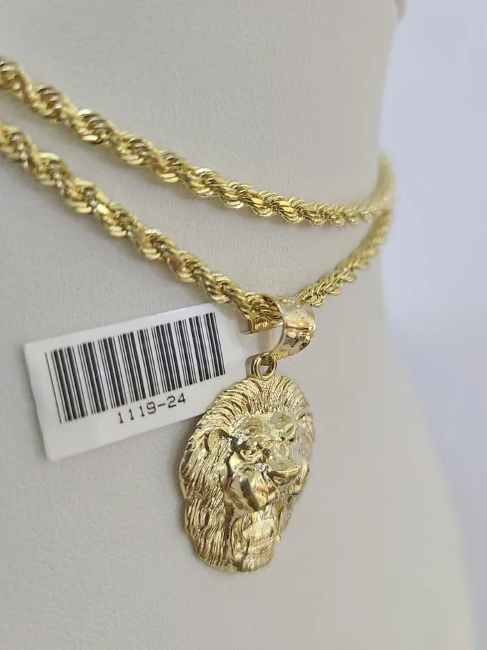 Necklaces Gold and Diamond 10k Solid Rope Chain 3mm Lion Head Pendant Charm Necklace SET 1826 in