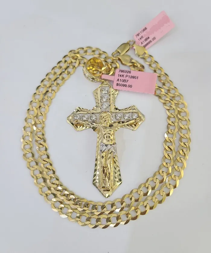 Necklaces Gold and Diamond 14k Gold Chain Jesus Cross Charm Solid Cuban Curb 5mm 2028 Inch SET Necklace Necklaces Gold and Diamond 14k Gold Chain Jesus Cross Charm Solid Cuban Curb 5mm 2028 Inch SET Necklace