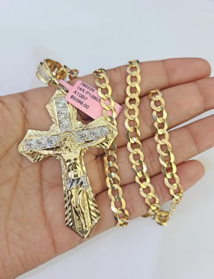 Necklaces Gold and Diamond 14k Gold Chain Jesus Cross Charm Solid Cuban Curb 5mm 2028 Inch SET Necklace