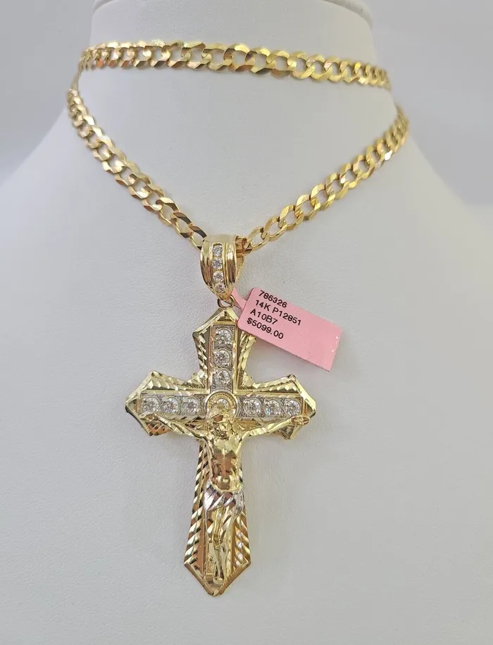 Necklaces Gold and Diamond 14k Gold Chain Jesus Cross Charm Solid Cuban Curb 5mm 2028 Inch SET Necklace