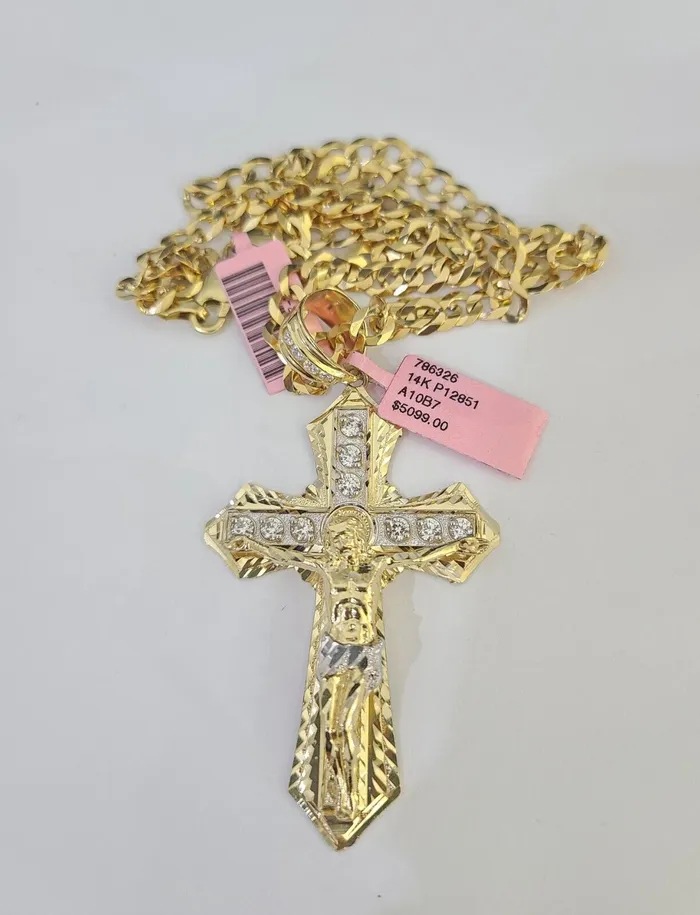 Necklaces Gold and Diamond 14k Gold Chain Jesus Cross Charm Solid Cuban Curb 5mm 2028 Inch SET Necklace
