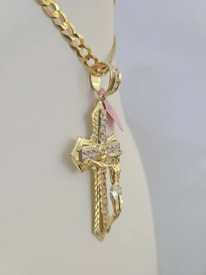 Necklaces Gold and Diamond 14k Gold Chain Jesus Cross Charm Solid Cuban Curb 5mm 2028 Inch SET Necklace