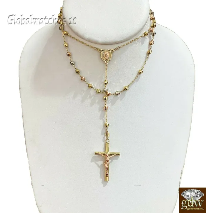 Necklaces Gold and Diamond Real 10k TrioGold Jesus Crucifix Pendant Rosary Beads Necklace Diamond Cuts Necklaces Gold and Diamond Real 10k TrioGold Jesus Crucifix Pendant Rosary Beads Necklace Diamond Cuts