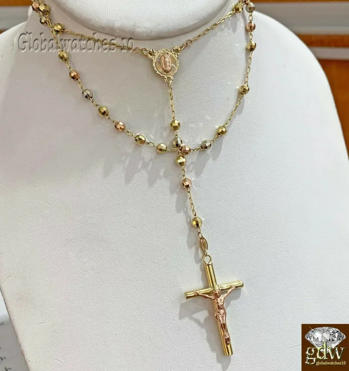 Necklaces Gold and Diamond Real 10k TrioGold Jesus Crucifix Pendant Rosary Beads Necklace Diamond Cuts