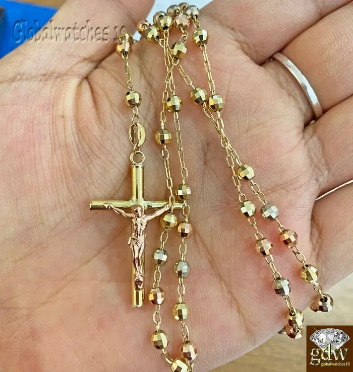 Necklaces Gold and Diamond Real 10k TrioGold Jesus Crucifix Pendant Rosary Beads Necklace Diamond Cuts