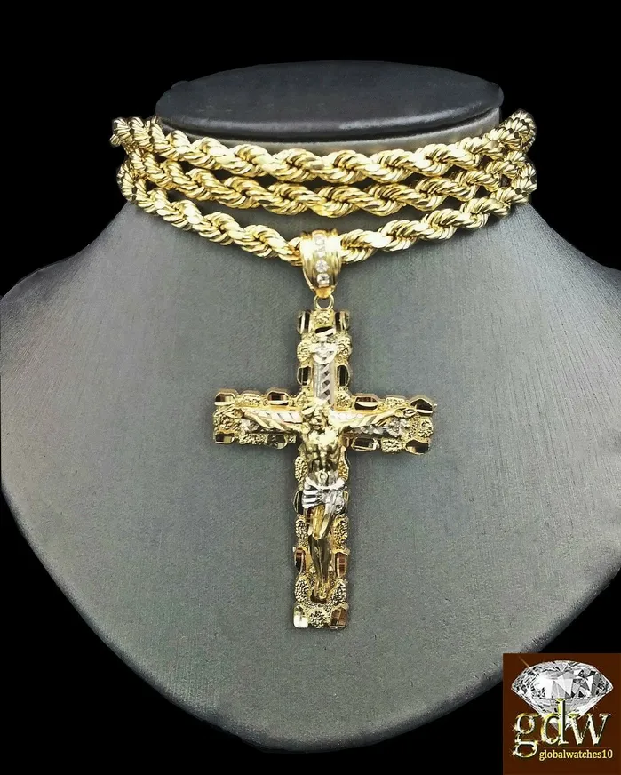 Necklaces Gold and Diamond Real 10K Yellow Gold 28 Inch Rope Chain Necklace Cross Charm Pendant Necklaces Gold and Diamond Real 10K Yellow Gold 28 Inch Rope Chain Necklace Cross Charm Pendant