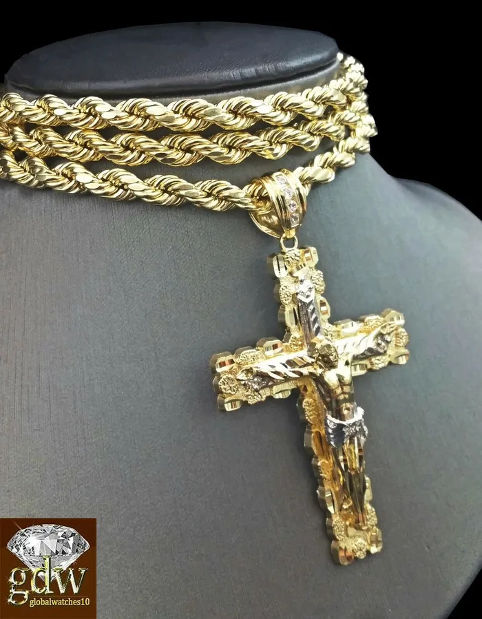 Necklaces Gold and Diamond Real 10K Yellow Gold 28 Inch Rope Chain Necklace Cross Charm Pendant