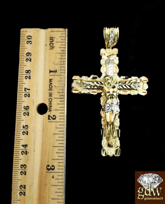 Necklaces Gold and Diamond Real 10K Yellow Gold 28 Inch Rope Chain Necklace Cross Charm Pendant