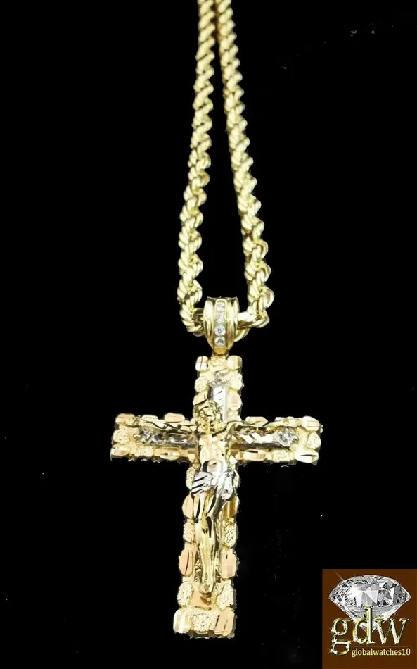 Necklaces Gold and Diamond Real 10K Yellow Gold 28 Inch Rope Chain Necklace Cross Charm Pendant
