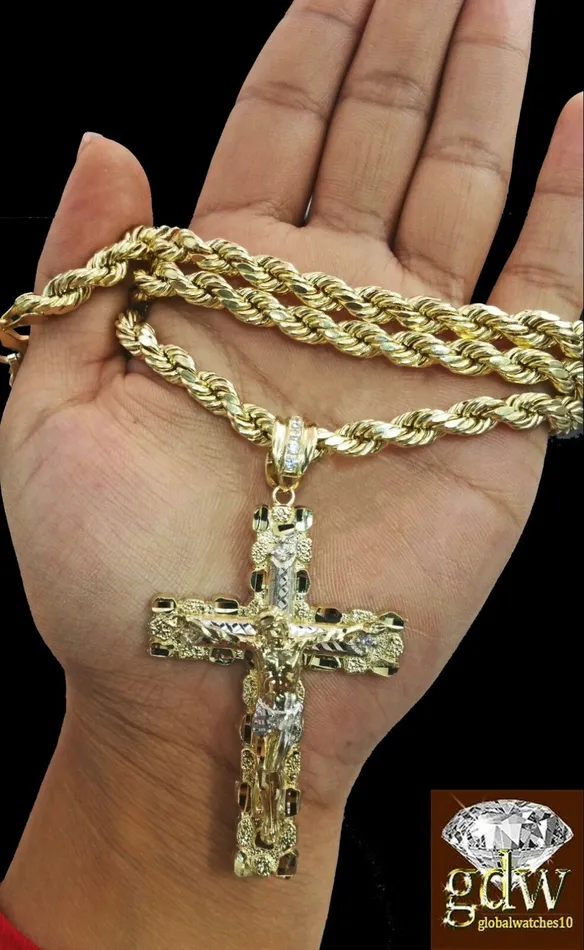 Necklaces Gold and Diamond Real 10K Yellow Gold 28 Inch Rope Chain Necklace Cross Charm Pendant