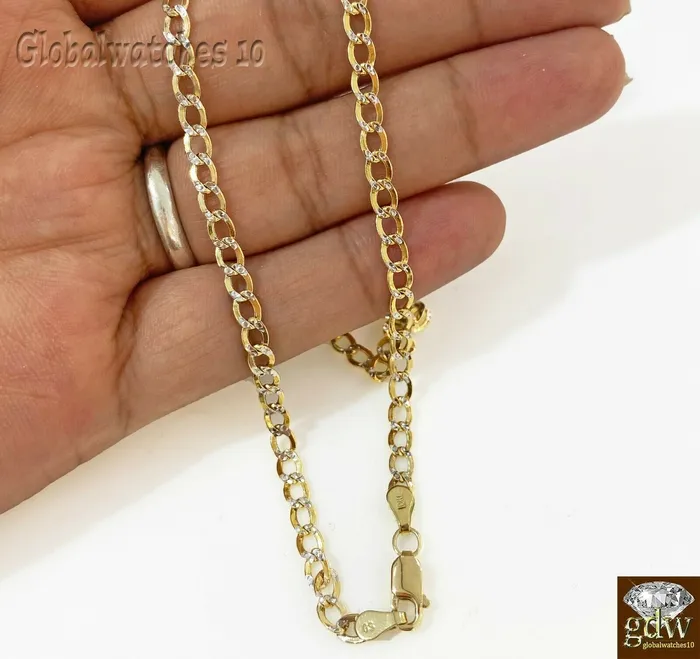 Necklaces Real 10k Yellow Gold Cuban link 4mm Chain with diamond Cut 20 22 24 26 inch Gold and Diamond
