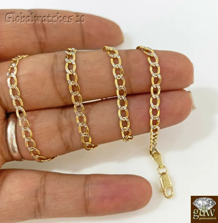 Necklaces Real 10k Yellow Gold Cuban link 4mm Chain with diamond Cut 20 22 24 26 inch Gold and Diamond