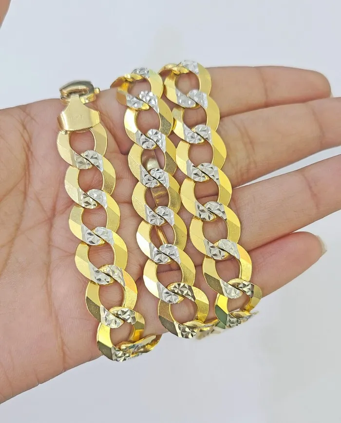 PreStyled Sets Real 10k Yellow Gold Cuban Curb Link Chain 12mm 28 Gold Diamond cut Gold and Diamond