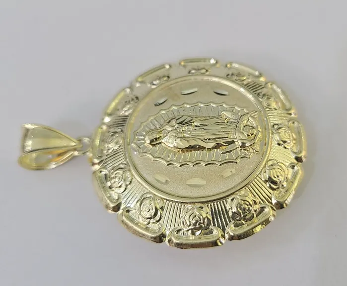 Real 10K Jesus Virgin Mary Pendent Charm Two Sided 10kt yellow Gold 2 Guadalupe Gold and Diamond Charm Necklaces