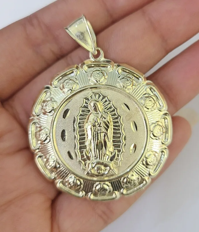 Real 10K Jesus Virgin Mary Pendent Charm Two Sided 10kt yellow Gold 2 Guadalupe Gold and Diamond Charm Necklaces